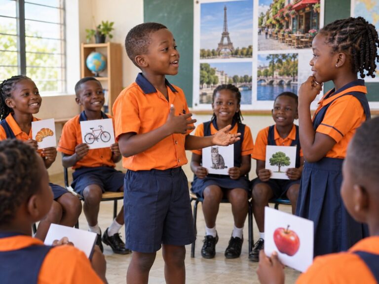 Pupils participating in a French Club conversation activity