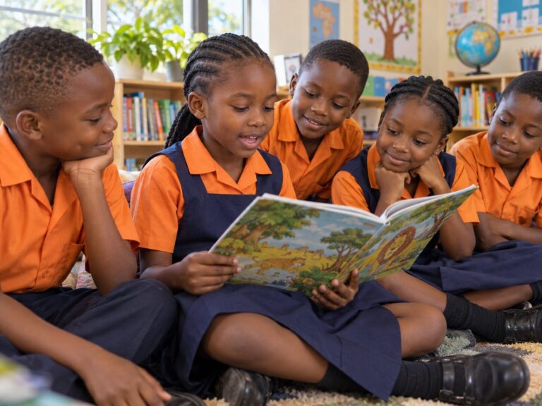 Pupils sharing a storybook in Reading and Story Club