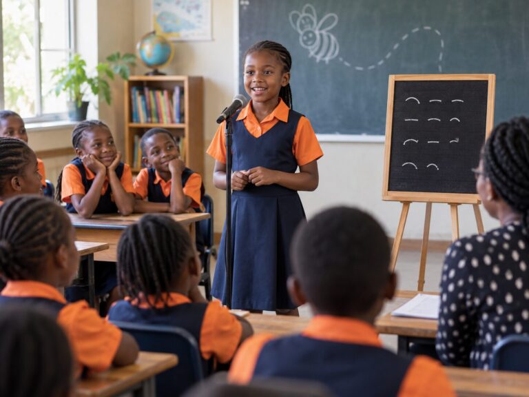 Pupil participating in a classroom spelling bee
