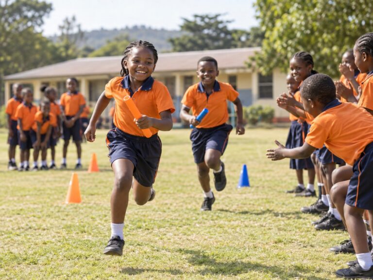 Pupils taking part in a relay race and team games