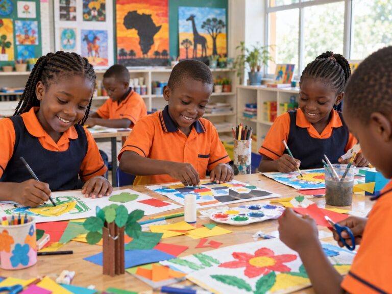 Primary pupils creating art and craft projects
