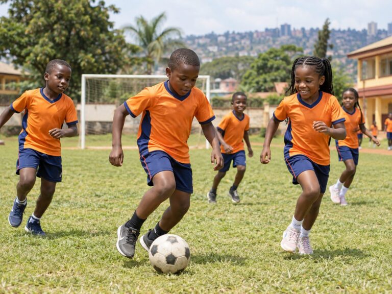 Primary pupils playing football at school